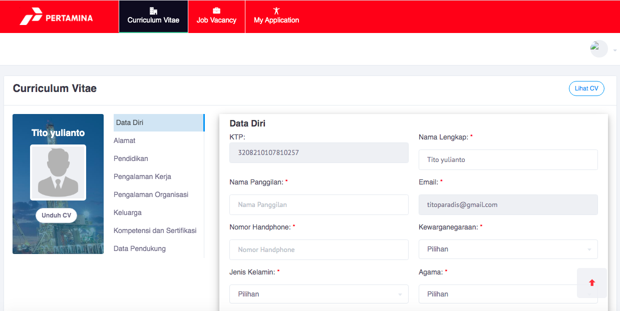 halaman isi data curriculum vitae pt pertamina lowongan kerja