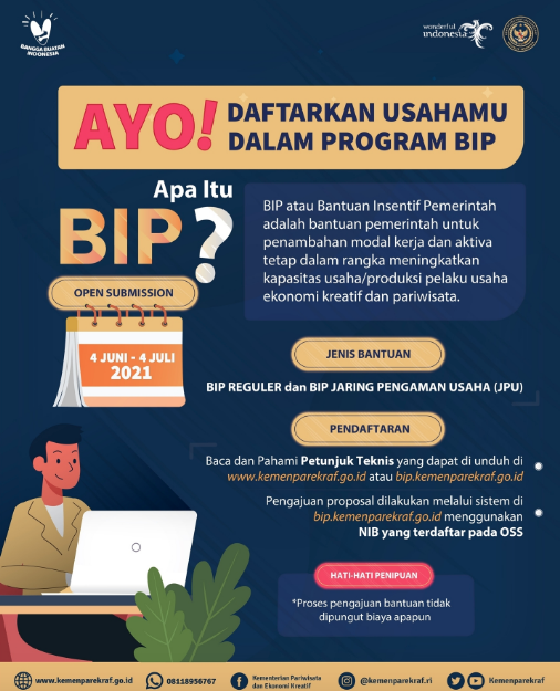 pengumuman pendaftaran BIP 2021 untuk pelaku usaha pariwisata dan ekonomi kreatid