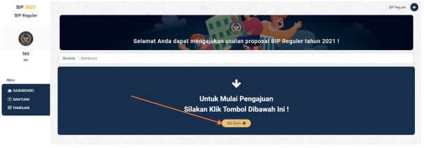 proses pengajuan proposal bantuan dalam dashboard sistem informasi BIP 2021