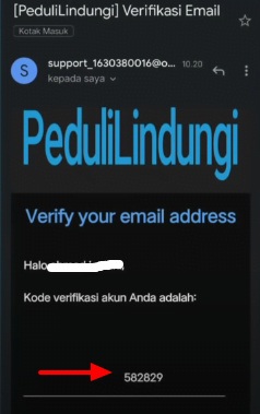 kode verifikasi daftar pedulilindungi di email