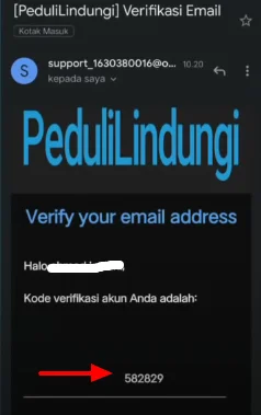 kode verifikasi daftar pedulilindungi di email